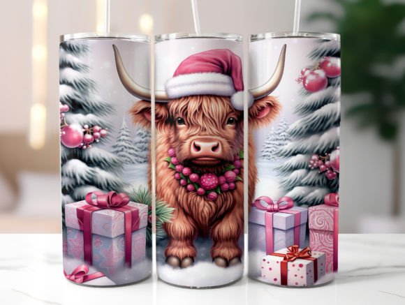 Pink Christmas Highland Cow Tumbler Wrap