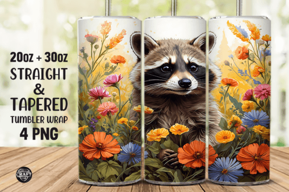 Raccoon Flower Garden Tumbler Wrap PNG